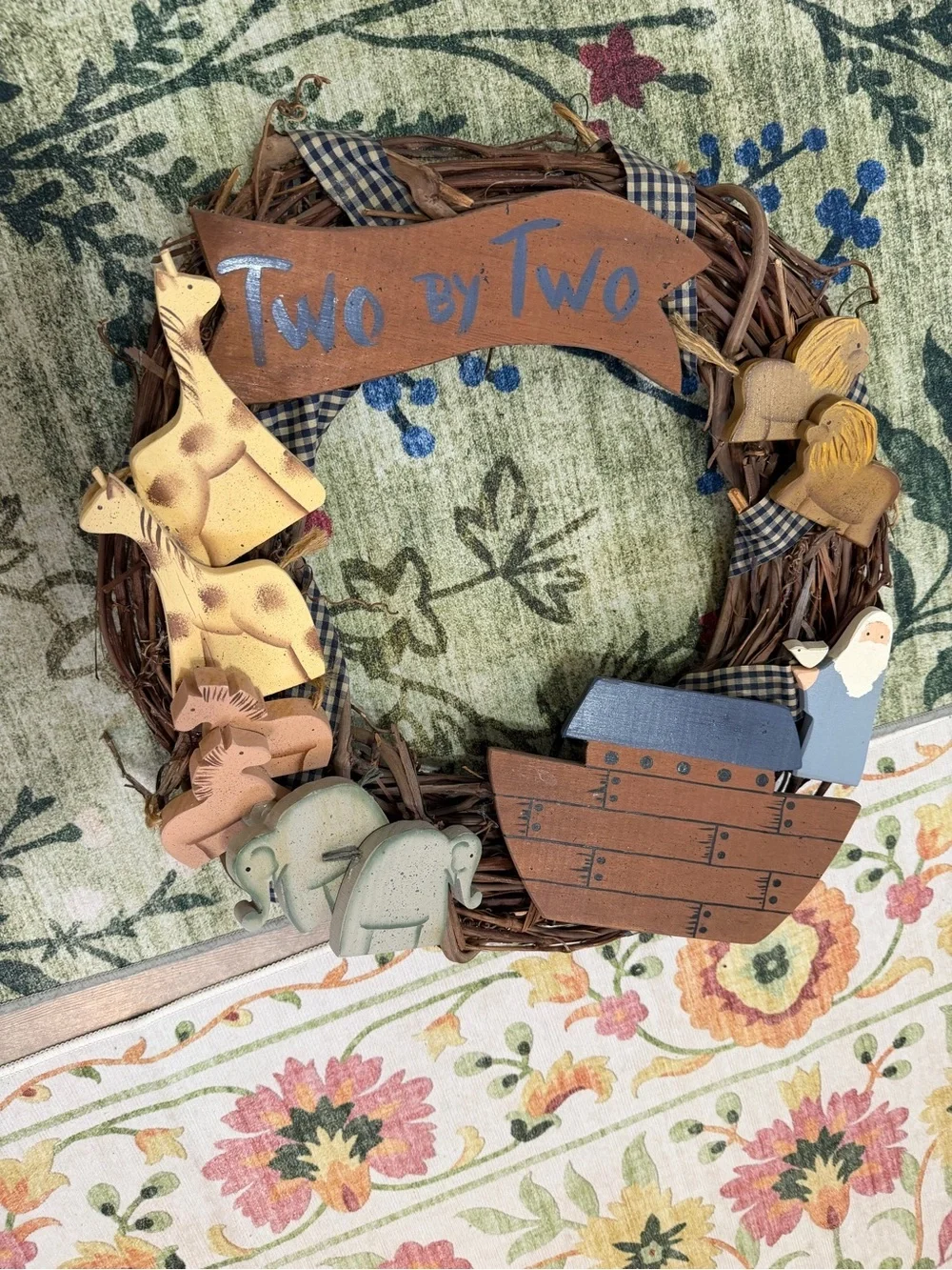 Vintage Noah’s Ark Nursery Wreath Handmade Wooden 3D Christianity Noah’s Ark